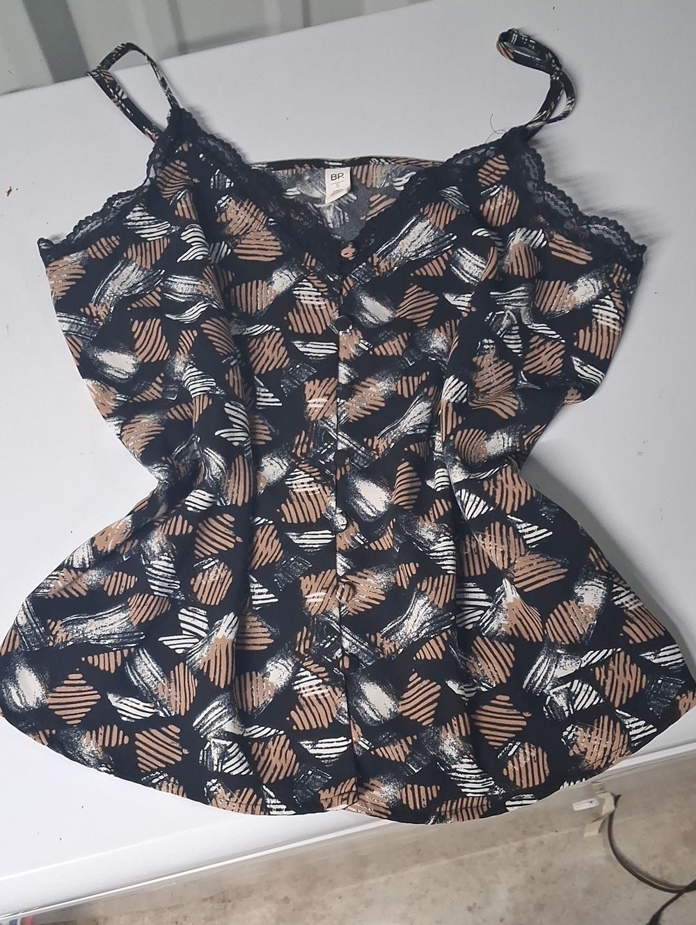 Banana Republic Black, Tan & White Printed Lace-Trim Camisole